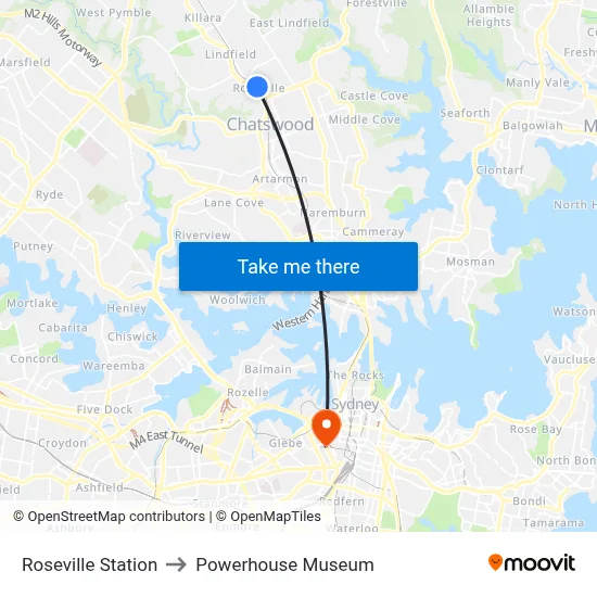 Roseville Station to Powerhouse Museum map