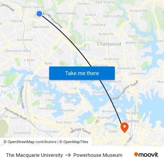 The Macquarie University to Powerhouse Museum map