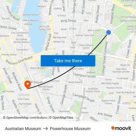 Australian Museum to Powerhouse Museum map