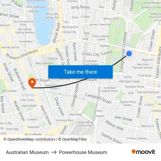 Australian Museum to Powerhouse Museum map