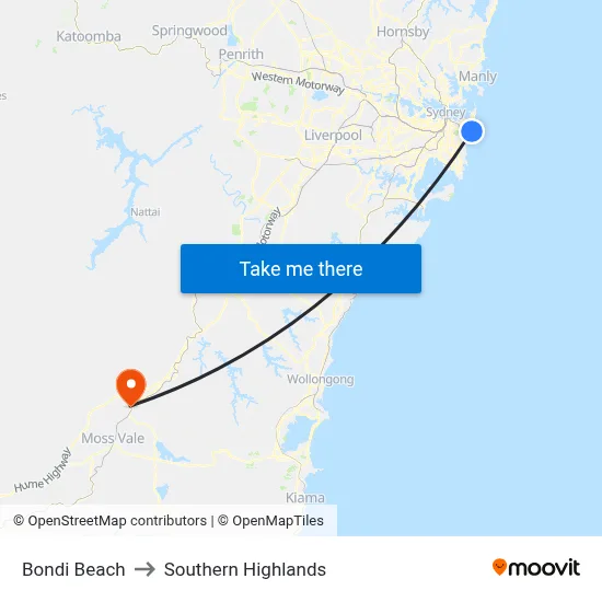 Bondi Beach to Southern Highlands map