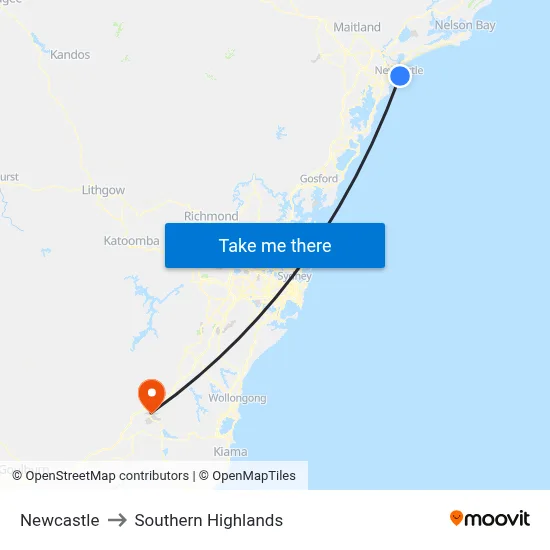 Newcastle to Southern Highlands map