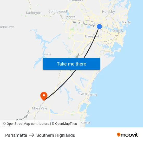 Parramatta to Southern Highlands map