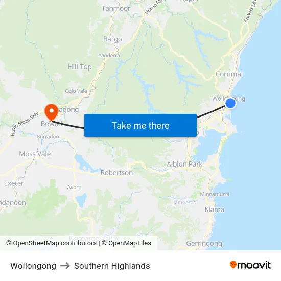 Wollongong to Southern Highlands map