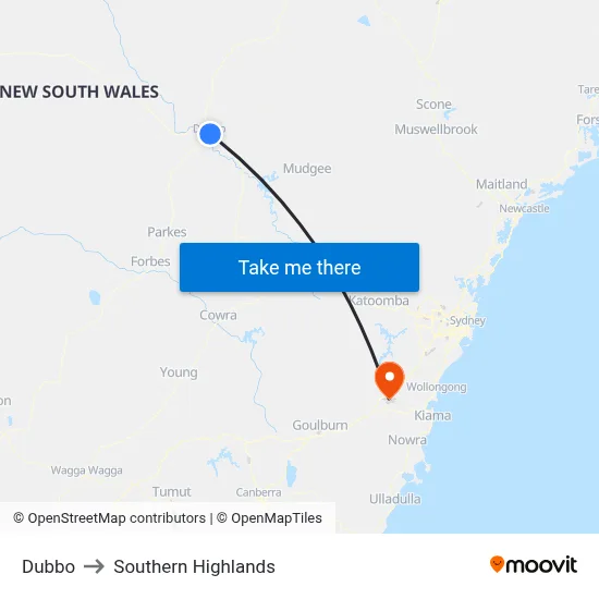Dubbo to Southern Highlands map