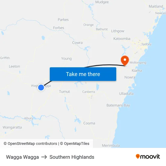 Wagga Wagga to Southern Highlands map
