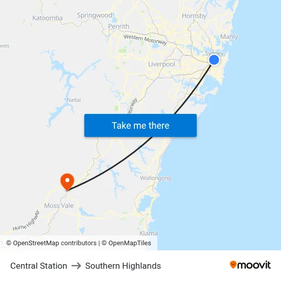 Central Station to Southern Highlands map