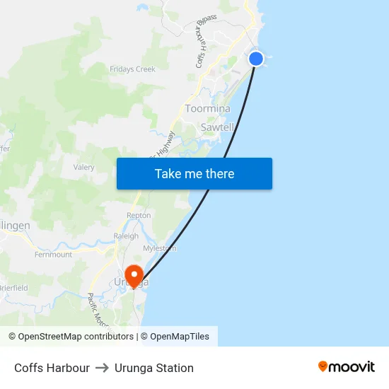 Coffs Harbour to Urunga Station map