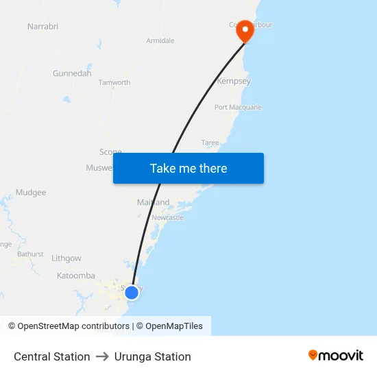 Central Station to Urunga Station map
