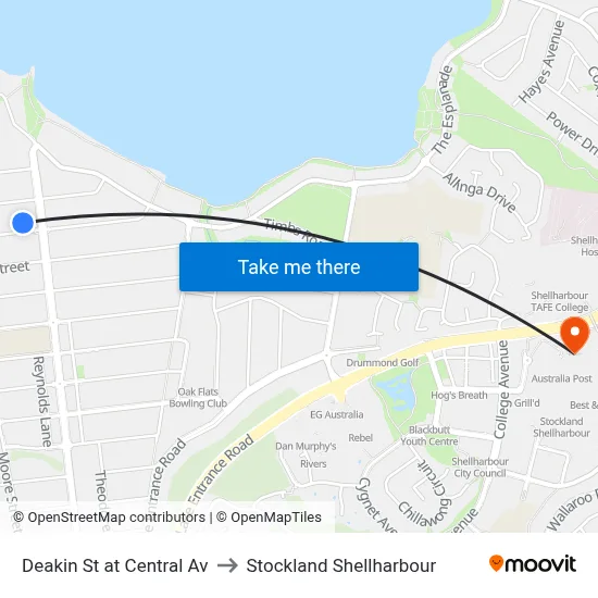 Deakin St at Central Av to Stockland Shellharbour map