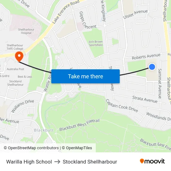 Warilla High School to Stockland Shellharbour map