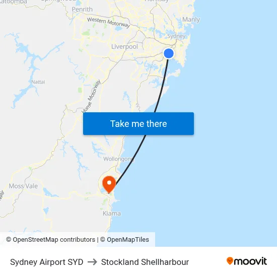 Sydney Airport SYD to Stockland Shellharbour map
