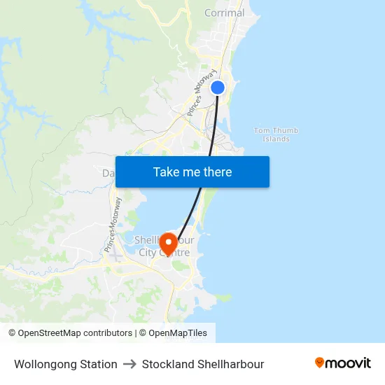 Wollongong Station to Stockland Shellharbour map