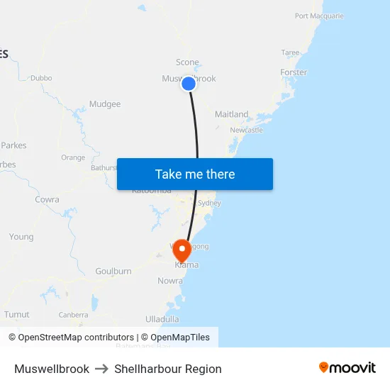 Muswellbrook to Shellharbour Region map