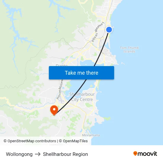 Wollongong to Shellharbour Region map