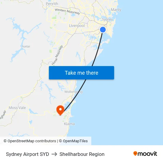 Sydney Airport SYD to Shellharbour Region map