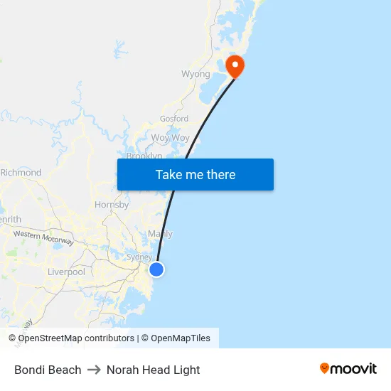 Bondi Beach to Norah Head Light map