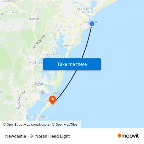 Newcastle to Norah Head Light map