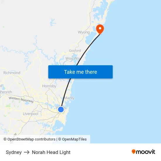 Sydney to Norah Head Light map