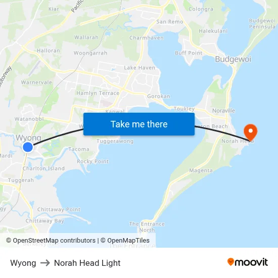 Wyong to Norah Head Light map