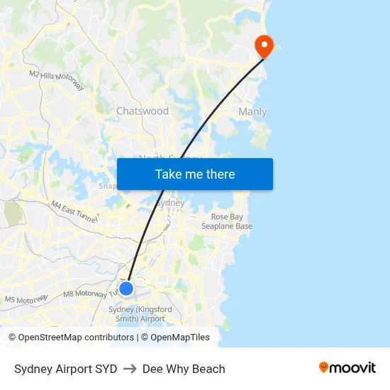 Sydney Airport SYD to Dee Why Beach map