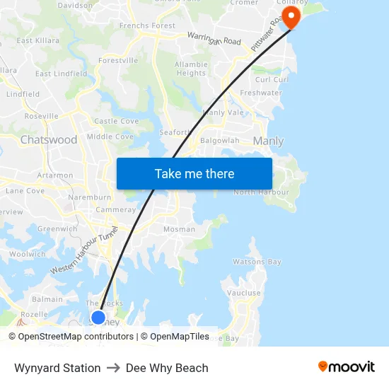 Wynyard Station to Dee Why Beach map