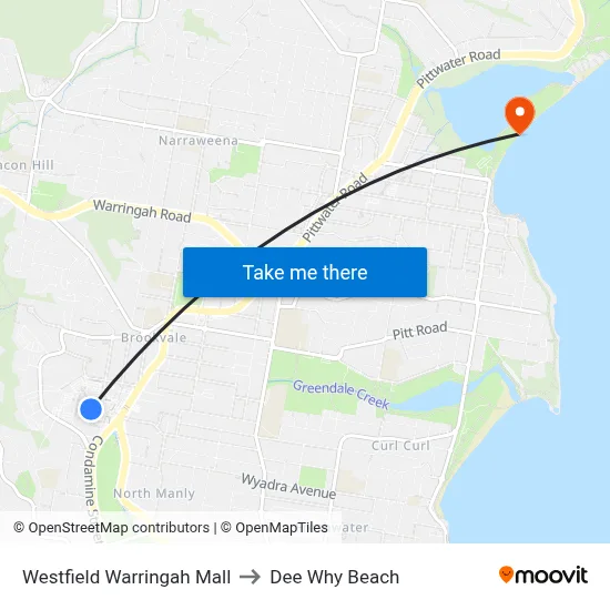 Westfield Warringah Mall to Dee Why Beach map