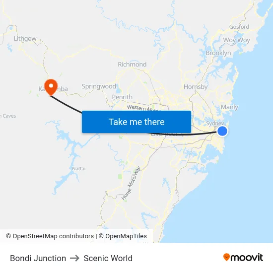 Bondi Junction to Scenic World map