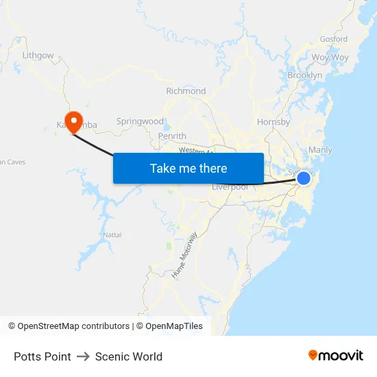 Potts Point to Scenic World map