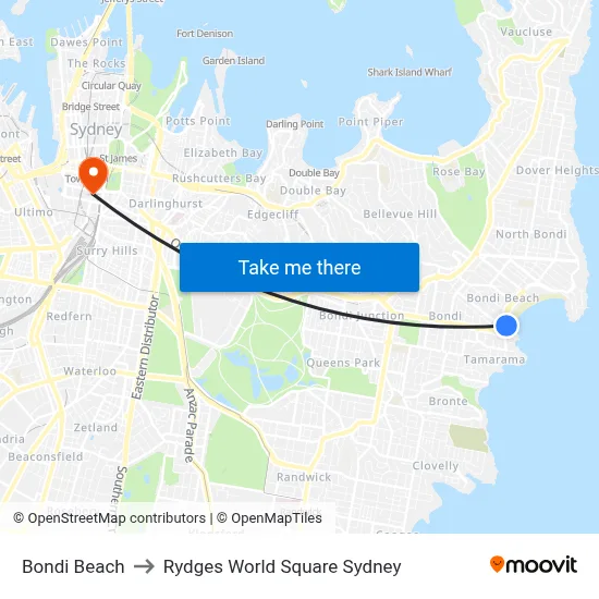 Bondi Beach to Rydges World Square Sydney map