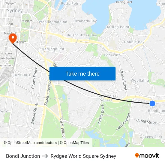 Bondi Junction to Rydges World Square Sydney map