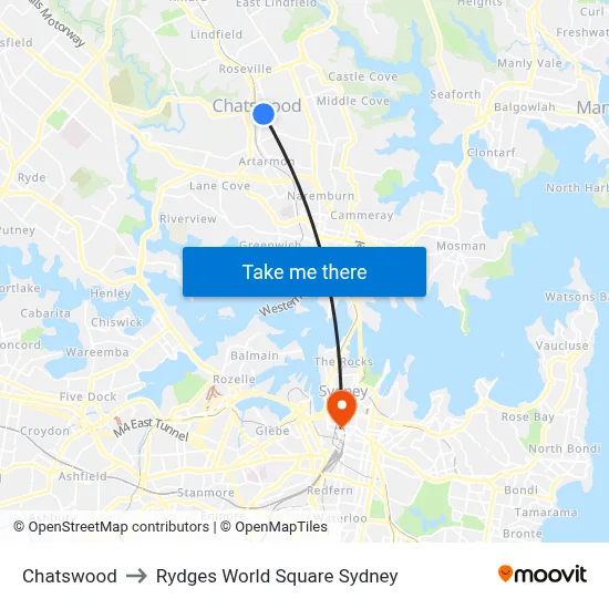 Chatswood to Rydges World Square Sydney map
