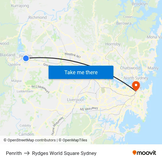 Penrith to Rydges World Square Sydney map