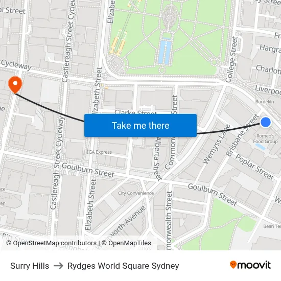 Surry Hills to Rydges World Square Sydney map