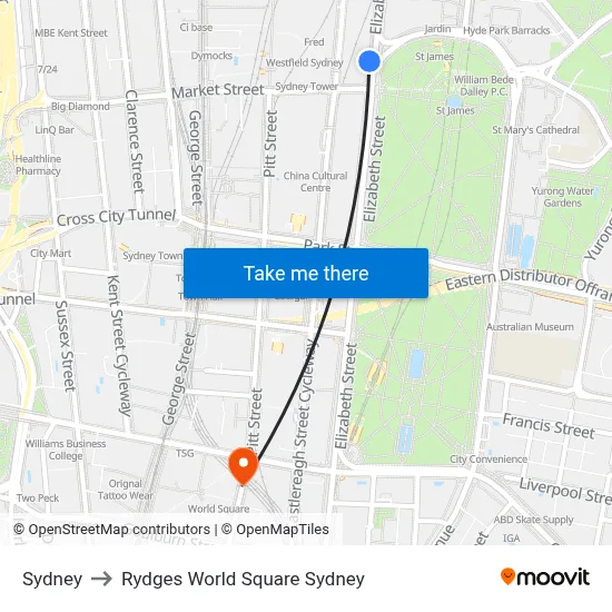 Sydney to Rydges World Square Sydney map