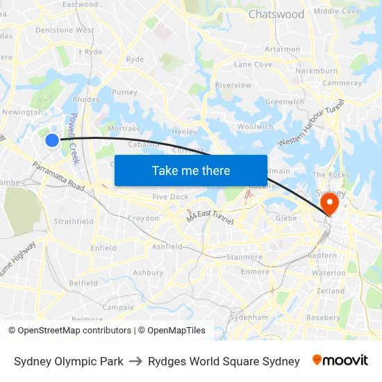 Sydney Olympic Park to Rydges World Square Sydney map