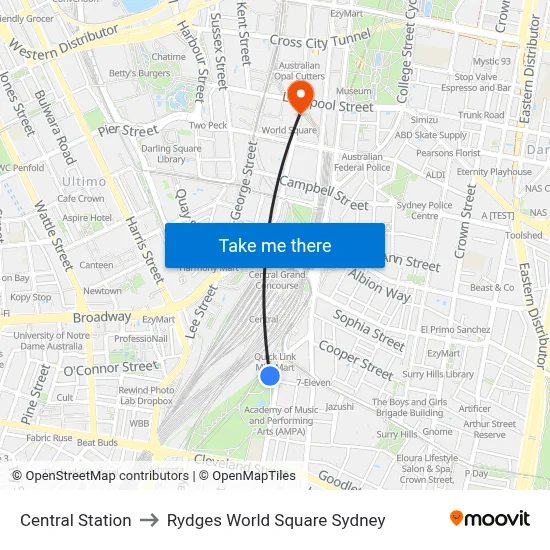 Central Station to Rydges World Square Sydney map