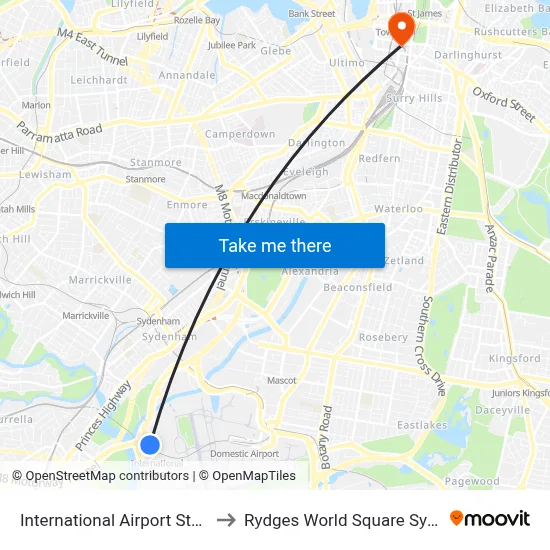 International Airport Station to Rydges World Square Sydney map