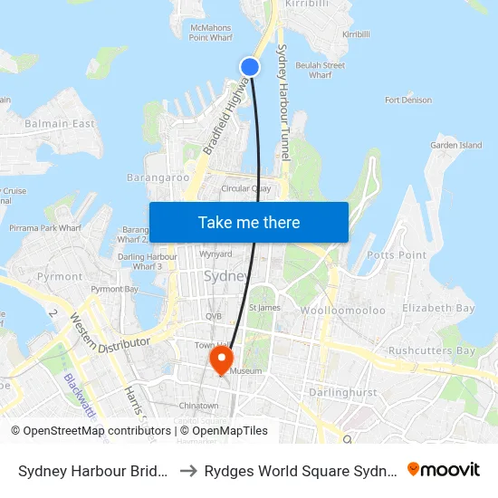 Sydney Harbour Bridge to Rydges World Square Sydney map
