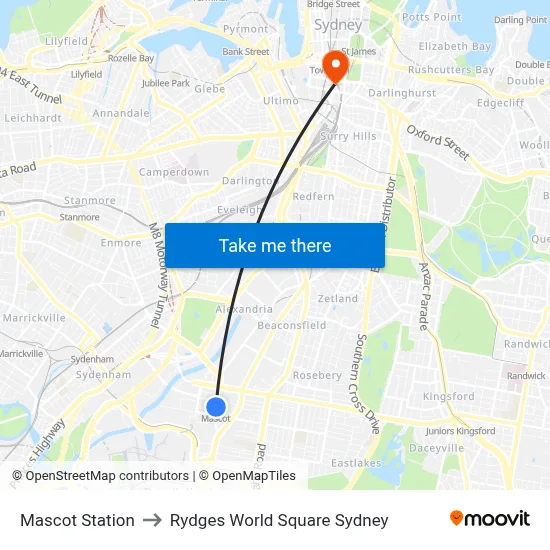 Mascot Station to Rydges World Square Sydney map