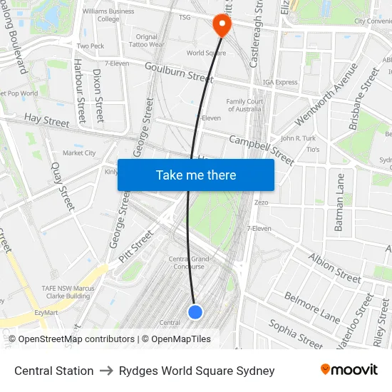 Central Station to Rydges World Square Sydney map