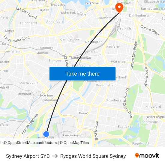 Sydney Airport SYD to Rydges World Square Sydney map