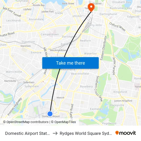 Domestic Airport Station to Rydges World Square Sydney map