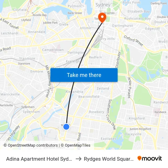 Adina Apartment Hotel Sydney Airport to Rydges World Square Sydney map