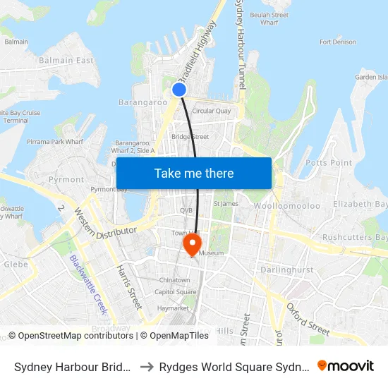 Sydney Harbour Bridge to Rydges World Square Sydney map