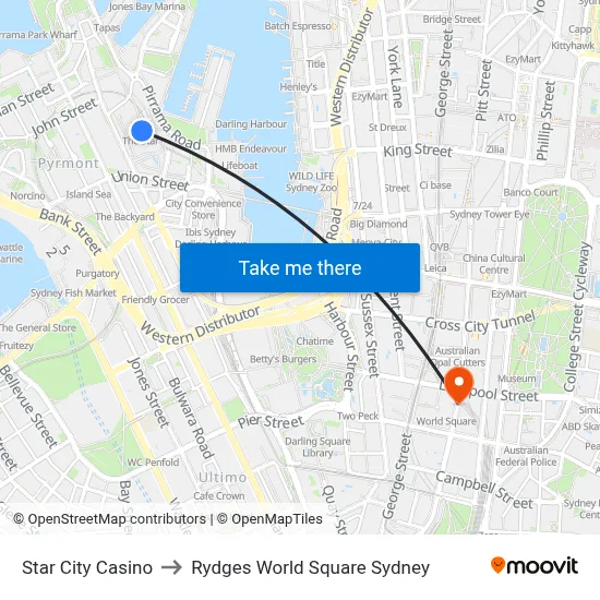 Star City Casino to Rydges World Square Sydney map