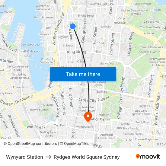 Wynyard Station to Rydges World Square Sydney map