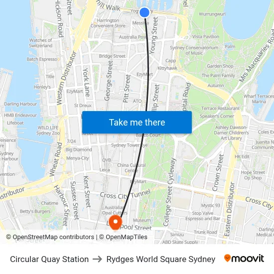 Circular Quay Station to Rydges World Square Sydney map