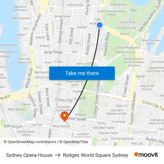 Sydney Opera House to Rydges World Square Sydney map