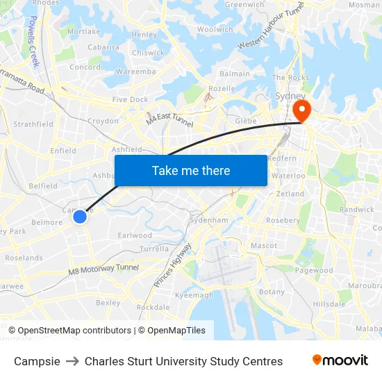 Campsie to Charles Sturt University Study Centres map